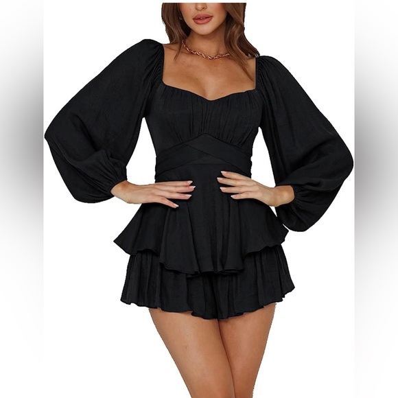 Pants - Black Puff-Sleeve Tiered Romper